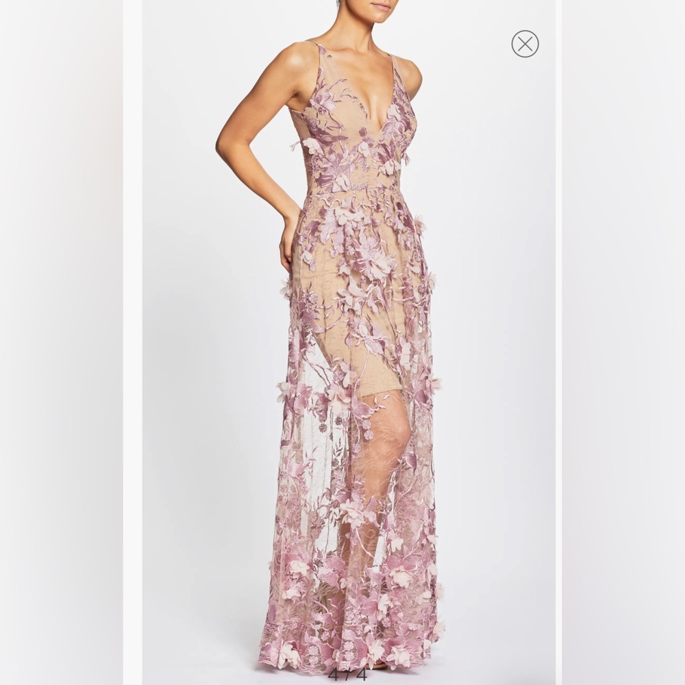 Dress the Population Sidney Deep V-Neck 3D Lace Gown in Lilac/Nude